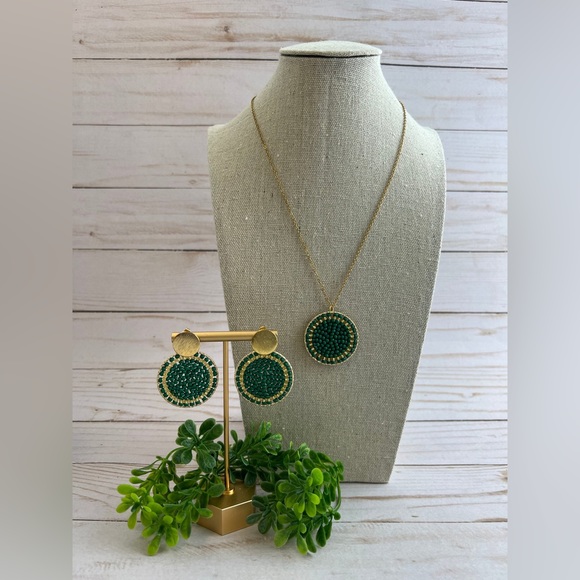 Elegant Gold & Green Beaded Necklace & Matching Earring - Boho Chic Jewelry Set - Picture 1 of 6